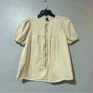 Shein Blouse Women Size S Beige Flutter Sleeve Tassel 100 % cotton